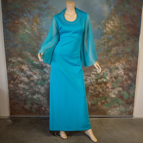 Vintage 70s ANGEL SLEEVE TURQUOISE Pearl Rhinestone Maxi Dress - Picture 3 of 12